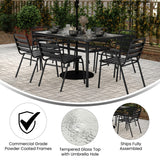 English Elm Commercial Grade 7 Piece Commercial Outdoor Patio Dining Set with 60" Glass Patio Table, 4 Triple Slat Chairs and 2 Triple Slat Chairs with Arms