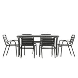 English Elm Commercial Grade 7 Piece Commercial Outdoor Patio Dining Set with 60" Glass Patio Table, 4 Triple Slat Chairs and 2 Triple Slat Chairs with Arms