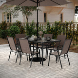 English Elm Commercial Grade 7 Piece Commercial Grade Patio Dining Set with Tempered Glass Patio Table and 6 Chairs with Flex Comfort Material Seats and Backs