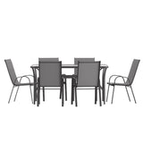 English Elm Commercial Grade 7 Piece Commercial Grade Patio Dining Set with Tempered Glass Patio Table and 6 Chairs with Flex Comfort Material Seats and Backs