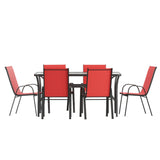 English Elm Commercial Grade 7 Piece Commercial Grade Patio Dining Set with Tempered Glass Patio Table and 6 Chairs with Flex Comfort Material Seats and Backs