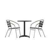 English Elm Commercial Grade 23.5'' Round Aluminum Indoor-Outdoor Table Set with 2 Slat Back Chairs