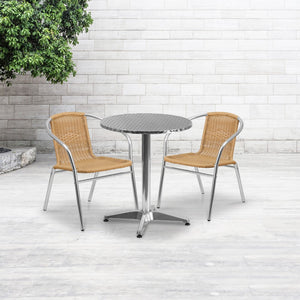 English Elm Commercial Grade 23.5'' Round Aluminum Indoor-Outdoor Table Set with 2 Rattan Chairs