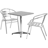 English Elm Commercial Grade 23.5'' Square Indoor-Outdoor Table Set with 2 Slat Back Chairs