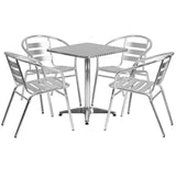 English Elm Commercial Grade 23.5'' Square Indoor-Outdoor Table Set with 4 Slat Back Chairs