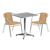 English Elm Commercial Grade 23.5'' Square Aluminum Indoor-Outdoor Table Set with 2 Rattan Chairs