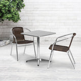 English Elm Commercial Grade 23.5'' Square Aluminum Indoor-Outdoor Table Set with 2 Rattan Chairs