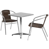 English Elm Commercial Grade 23.5'' Square Aluminum Indoor-Outdoor Table Set with 2 Rattan Chairs