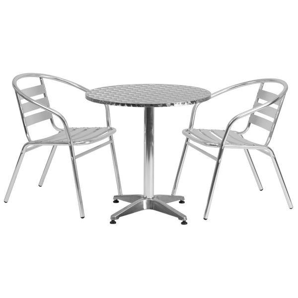 English Elm Commercial Grade 27.5'' Round Indoor-Outdoor Table Set with 2 Slat Back Chairs