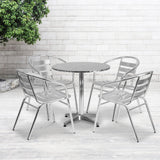 English Elm Commercial Grade 27.5'' Round Indoor-Outdoor Table Set with 4 Slat Back Chairs