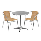 English Elm Commercial Grade 27.5'' Round Aluminum Indoor-Outdoor Table Set with 2 Rattan Chairs