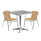 English Elm Commercial Grade 27.5'' Square Aluminum Indoor-Outdoor Table Set with 2 Rattan Chairs