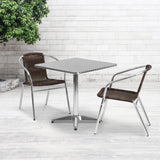 English Elm Commercial Grade 27.5'' Square Aluminum Indoor-Outdoor Table Set with 2 Rattan Chairs