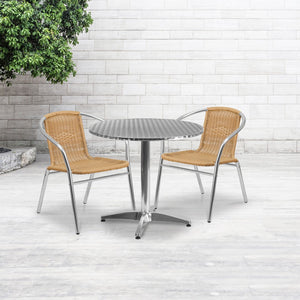 English Elm Commercial Grade 31.5'' Round Aluminum Indoor-Outdoor Table Set with 2 Rattan Chairs