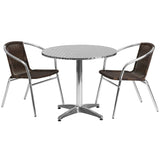 English Elm Commercial Grade 31.5'' Round Aluminum Indoor-Outdoor Table Set with 2 Rattan Chairs