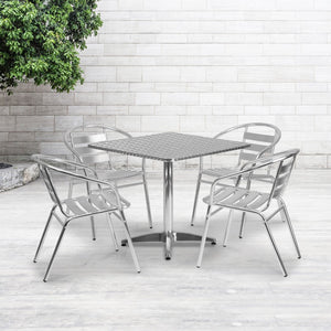 English Elm Commercial Grade 31.5'' Square Indoor-Outdoor Table Set with 4 Slat Back Chairs