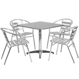 English Elm Commercial Grade 31.5'' Square Indoor-Outdoor Table Set with 4 Slat Back Chairs