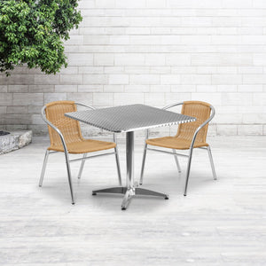 English Elm Commercial Grade 31.5'' Square Aluminum Indoor-Outdoor Table Set with 2 Rattan Chairs