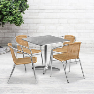 English Elm Commercial Grade 31.5'' Square Aluminum Indoor-Outdoor Table Set with 4 Rattan Chairs