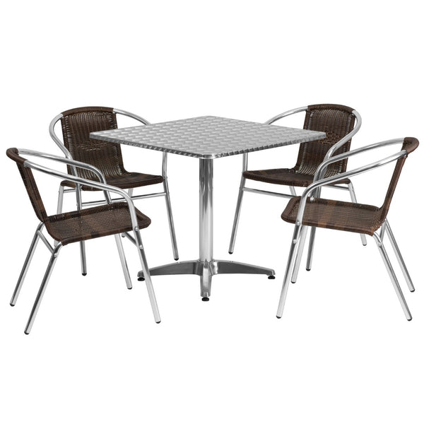 English Elm Commercial Grade 31.5'' Square Aluminum Indoor-Outdoor Table Set with 4 Rattan Chairs