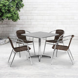 English Elm Commercial Grade 31.5'' Square Aluminum Indoor-Outdoor Table Set with 4 Rattan Chairs