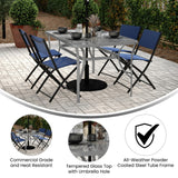 English Elm Commercial Grade Commercial Grade 35" x 59" Rectangular Patio Table with Tempered Glass Top with Umbrella Hole and Steel Tube Frame in Silver