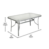 English Elm Commercial Grade Commercial Grade 35" x 59" Rectangular Patio Table with Tempered Glass Top with Umbrella Hole and Steel Tube Frame in Silver