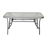 English Elm Commercial Grade Commercial Grade 35" x 59" Rectangular Patio Table with Tempered Glass Top with Umbrella Hole and Steel Tube Frame in Silver