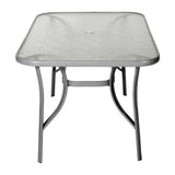 English Elm Commercial Grade Commercial Grade 35" x 59" Rectangular Patio Table with Tempered Glass Top with Umbrella Hole and Steel Tube Frame in Silver