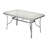 English Elm Commercial Grade Commercial Grade 35" x 59" Rectangular Patio Table with Tempered Glass Top with Umbrella Hole and Steel Tube Frame in Silver