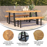 English Elm Commercial Grade Commercial Grade Acacia Wood Dining Table with Metal Base, Indoor/Outdoor Rectangle Patio Table with Plank Style Table Top, /Black