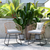 Set of 2 Indoor/Outdoor Patio Boho Club Chairs, Rope with Natural PE Wicker Rattan, Light Cushions and Sled Base