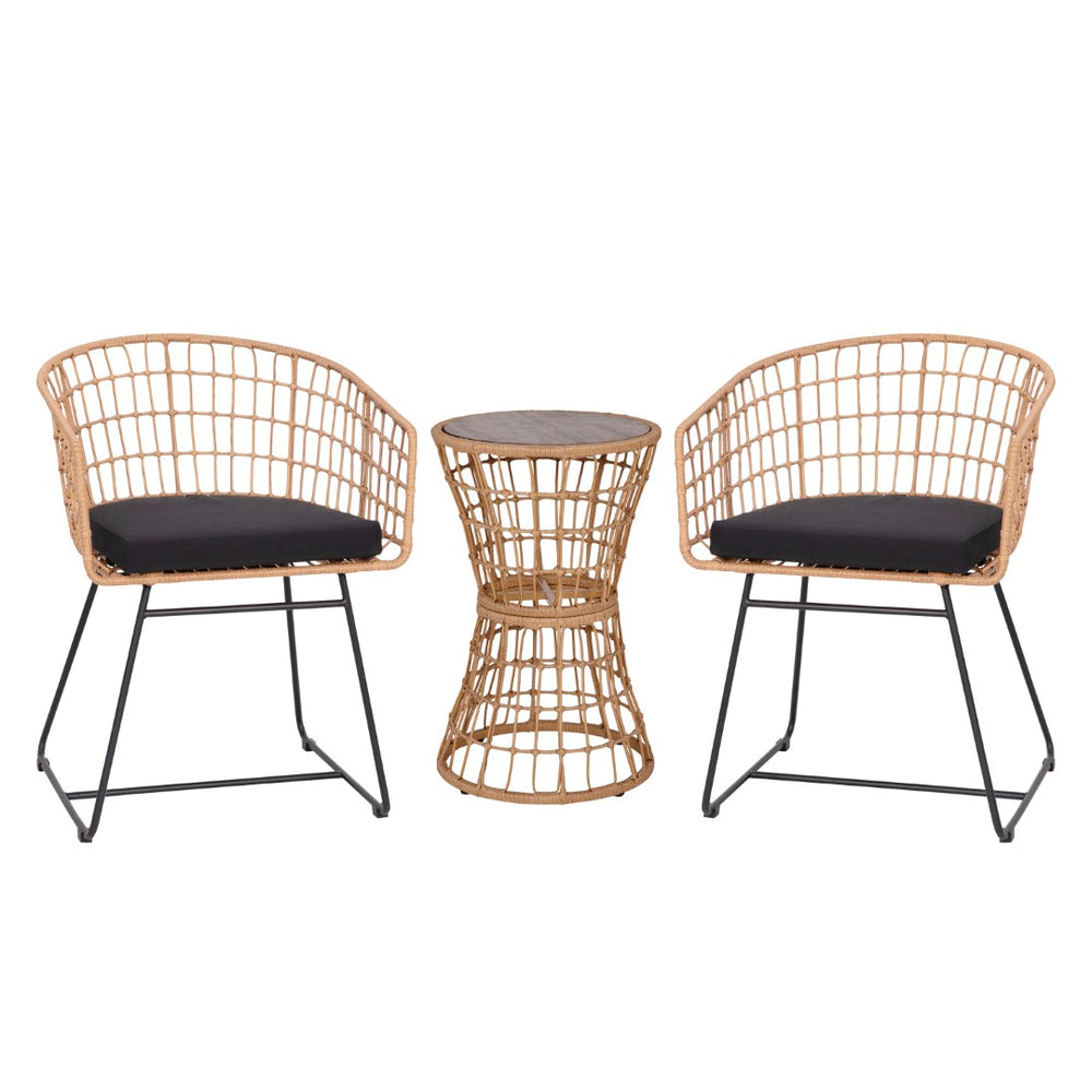 English Elm 3-Piece Natural Patio Bistro Set, Indoor/Outdoor Rattan Rope Chairs, Acacia Wood Top Table & Seat Cushions