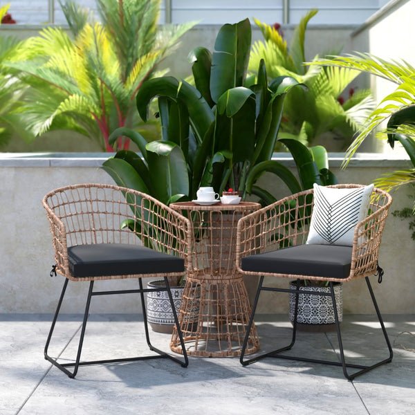English Elm 3-Piece Natural Patio Bistro Set, Indoor/Outdoor Rattan Rope Chairs, Acacia Wood Top Table & Seat Cushions