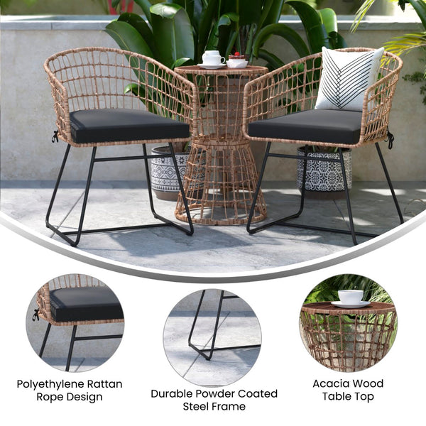 English Elm 3-Piece Natural Patio Bistro Set, Indoor/Outdoor Rattan Rope Chairs, Acacia Wood Top Table & Seat Cushions