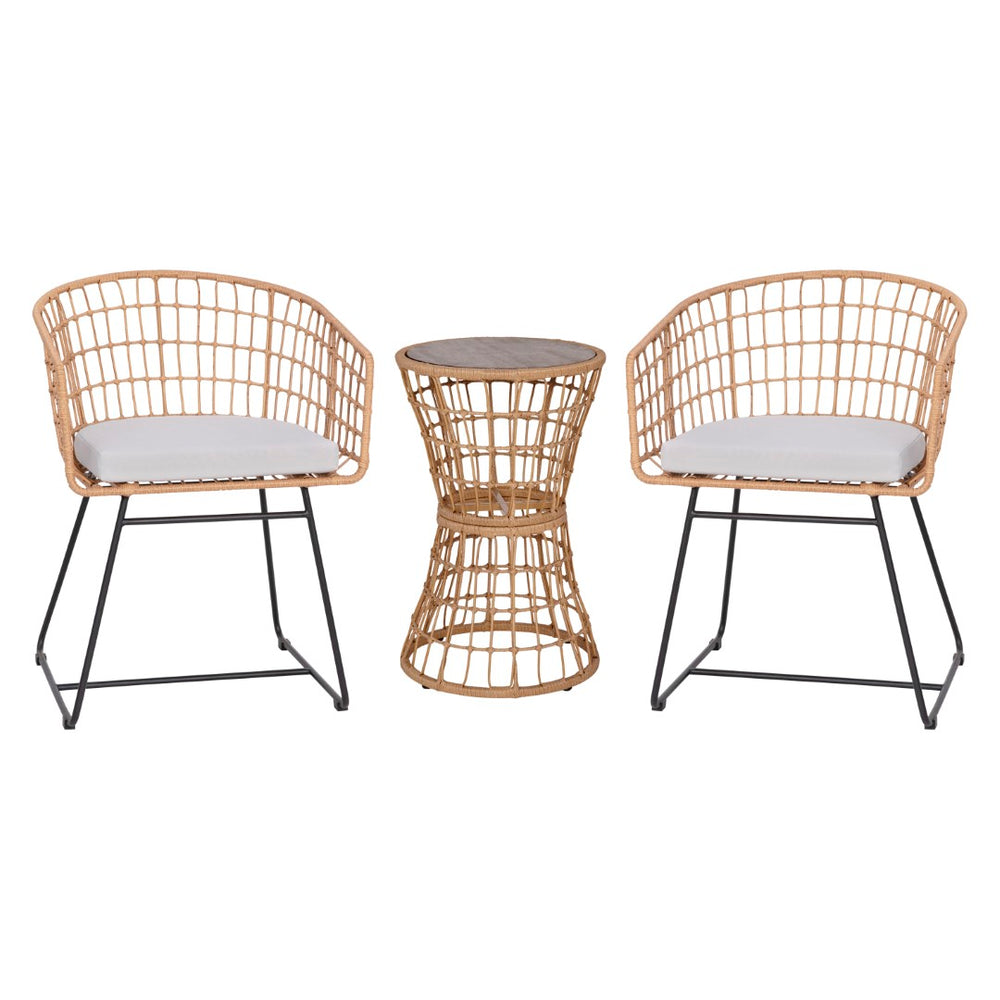 English Elm 3-Piece Natural Patio Bistro Set, Indoor/Outdoor Rattan Rope Chairs, Acacia Wood Top Table & Light Seat Cushions