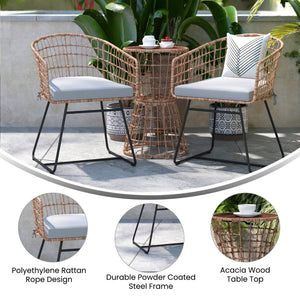 English Elm 3-Piece Natural Patio Bistro Set, Indoor/Outdoor Rattan Rope Chairs, Acacia Wood Top Table & Light Seat Cushions