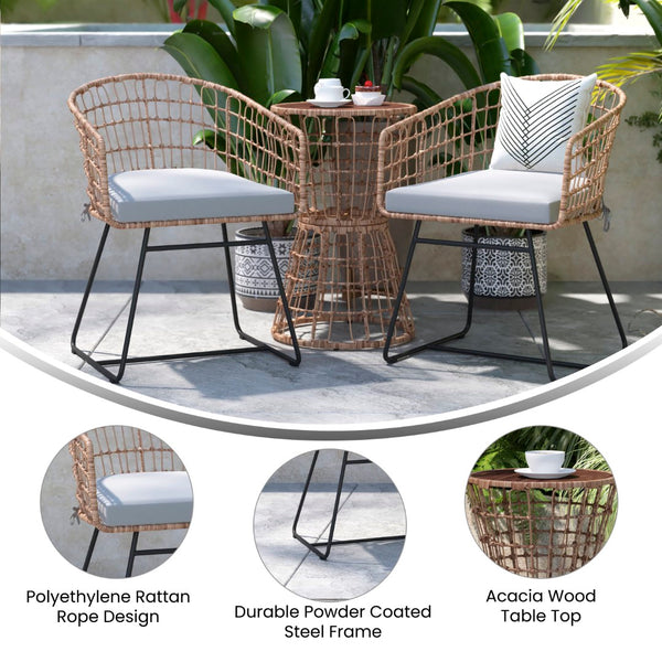English Elm 3-Piece Natural Patio Bistro Set, Indoor/Outdoor Rattan Rope Chairs, Acacia Wood Top Table & Light Seat Cushions