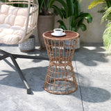 English Elm Indoor/Outdoor Finish Rattan Rope Table with Acacia Wood Top, Fade and Weather Resistant