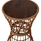 English Elm Indoor/Outdoor Finish Rattan Rope Table with Acacia Wood Top, Fade and Weather Resistant