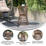 English Elm Indoor/Outdoor Finish Rattan Rope Table with Acacia Wood Top, Fade and Weather Resistant