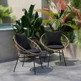 English Elm - Set of 2 Indoor/Outdoor Modern Papasan Patio Chairs, Rope with Tan Finish PE Wicker Rattan and Cushions