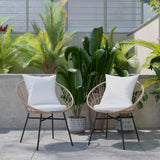 Set of 2 Indoor/Outdoor Modern Papasan Patio Chairs, Rope with Tan Finish PE Wicker Rattan and Light Cushions