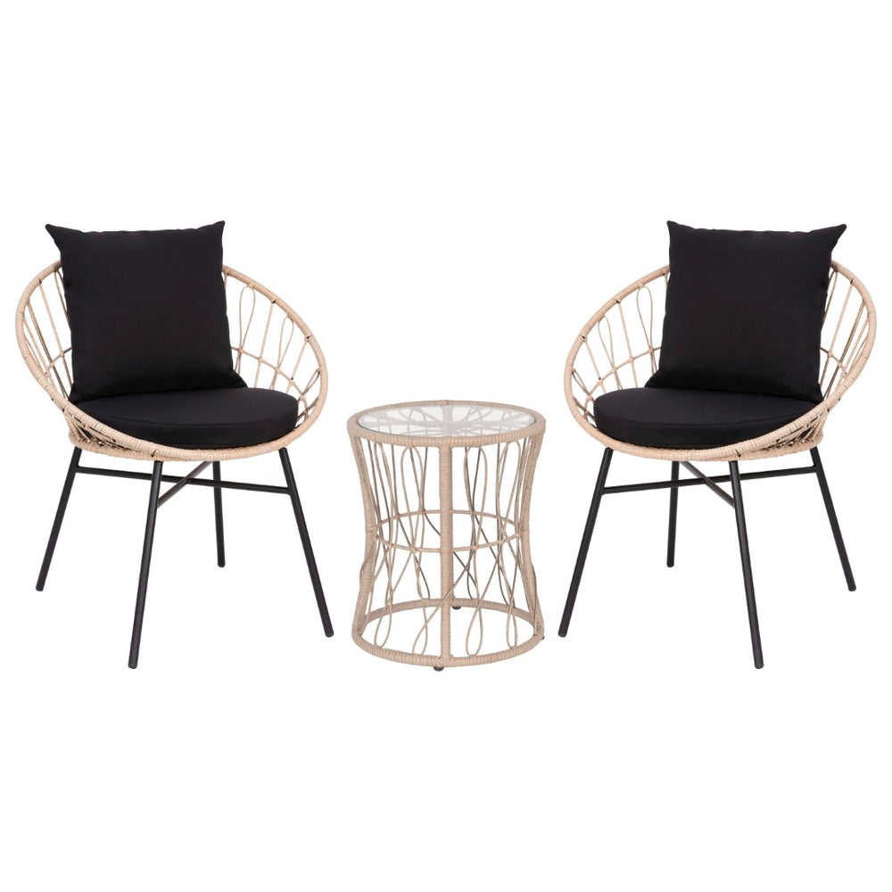 English Elm 3-Piece Tan Indoor/Outdoor Bistro Set, Papasan Style Rattan Rope Chairs, Glass Top Side Table & Cushions