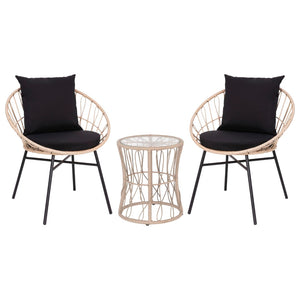 English Elm 3-Piece Tan Indoor/Outdoor Bistro Set, Papasan Style Rattan Rope Chairs, Glass Top Side Table & Cushions