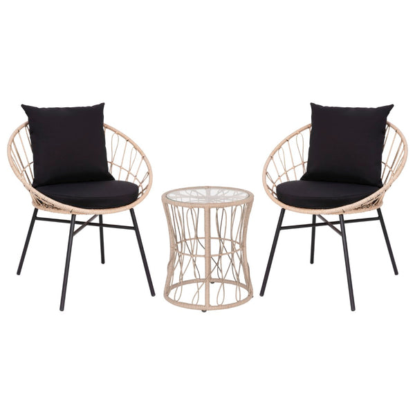 English Elm 3-Piece Tan Indoor/Outdoor Bistro Set, Papasan Style Rattan Rope Chairs, Glass Top Side Table & Cushions