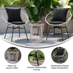English Elm 3-Piece Tan Indoor/Outdoor Bistro Set, Papasan Style Rattan Rope Chairs, Glass Top Side Table & Cushions