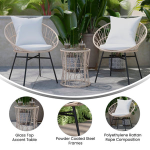 English Elm 3-Piece Tan Indoor/Outdoor Bistro Set, Papasan Style Rattan Rope Chairs, Glass Top Side Table & Light Cushions