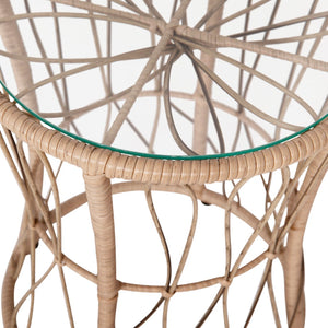 English Elm 3-Piece Tan Indoor/Outdoor Bistro Set, Papasan Style Rattan Rope Chairs, Glass Top Side Table & Light Cushions