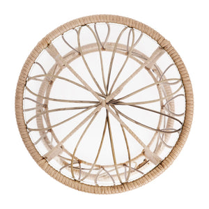 English Elm 3-Piece Tan Indoor/Outdoor Bistro Set, Papasan Style Rattan Rope Chairs, Glass Top Side Table & Light Cushions